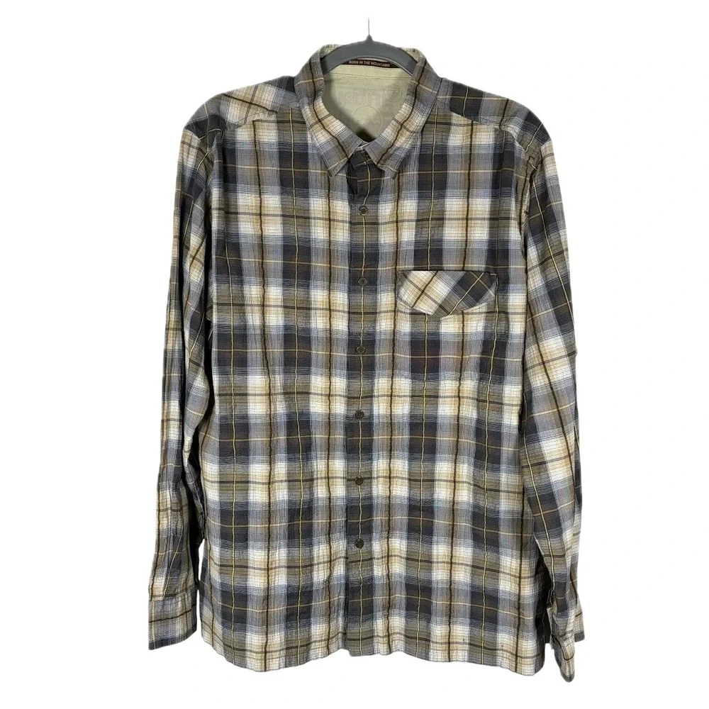 KUHL Shirt Men Large Plaid Crinkle Cotton Long‎ Sleeve Button Up Hiking Camping